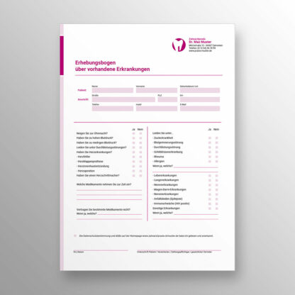 Anamnesebogen 1-seitig violett mit Praxislogo