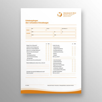 Anamnesebogen 1-seitig orange mit Praxislogo