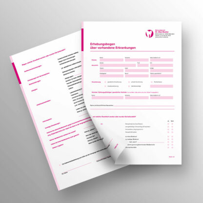 Anamnesebogen 2-seitig magenta mit Praxislogo