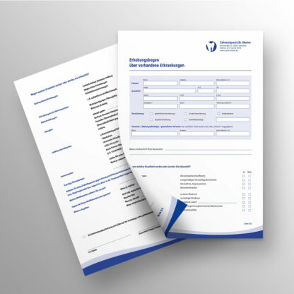 Anamnesebogen 2-seitig blau mit Praxislogo