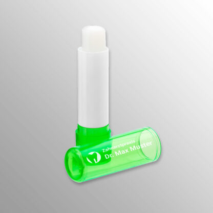 Lippenpflegestift grün mit Praxislogo